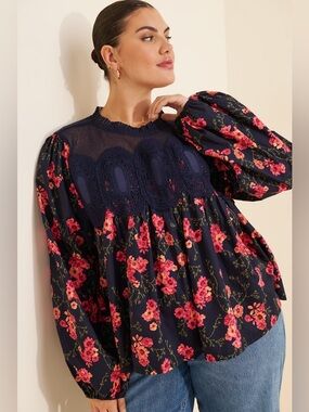 Anthropologie En Elly The Iris Long-Sleeve Lace Poplin Blouse
